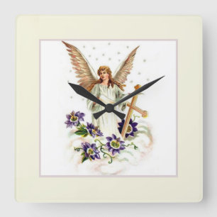 Angel With Cross And Clematis Flowers Square Wall Clock