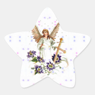 Angel With Cross And Clematis Flowers Star Sticker