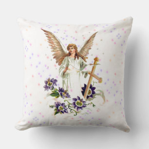 Angel With Cross And Clematis Flowers Throw Pillow