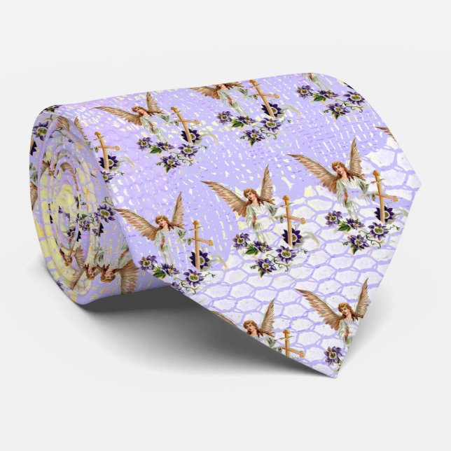 Angel With Cross And Clematis Flowers Tie (Rolled)