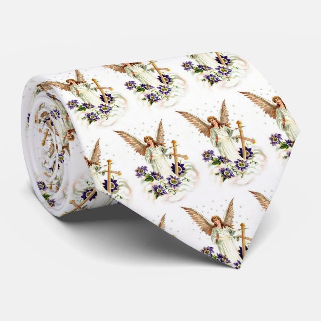 Angel With Cross And Clematis Flowers Tie (Rolled)