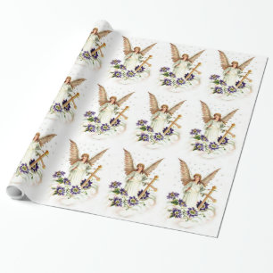 Angel With Cross And Clematis Flowers Wrapping Paper