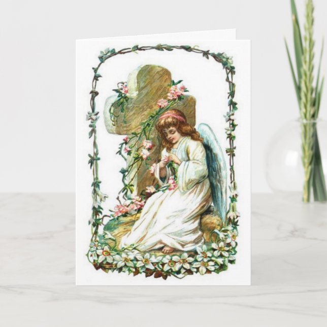 Angel With Cross And Flowers Holiday Card (Front)