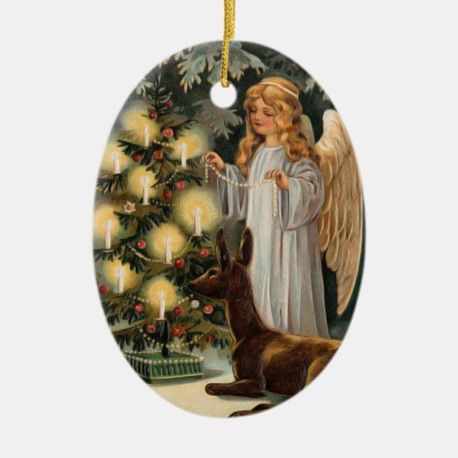 Angel with Deer and Christmas Tree Candles Ceramic Ornament (Front)