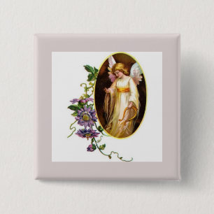 Angel With Harp And Clematis Flowers 15 Cm Square Badge