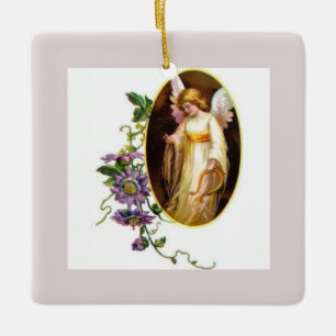Angel With Harp And Clematis Flowers Ceramic Ornament