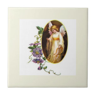 Angel With Harp And Clematis Flowers Ceramic Tile