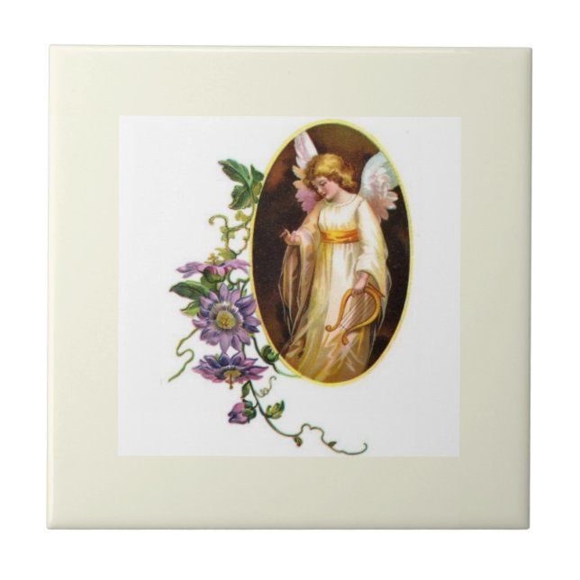 Angel With Harp And Clematis Flowers Ceramic Tile (Front)