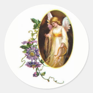 Angel With Harp And Clematis Flowers Classic Round Sticker