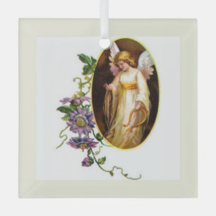 Angel With Harp And Clematis Flowers Glass Tree Decoration