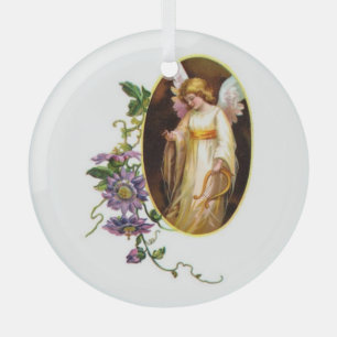 Angel With Harp And Clematis Flowers Glass Tree Decoration