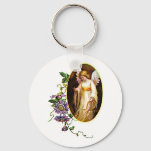 Angel With Harp And Clematis Flowers Key Ring
