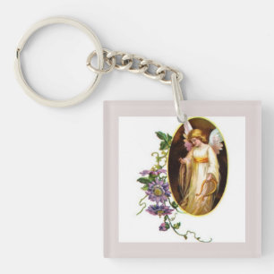 Angel With Harp And Clematis Flowers Key Ring