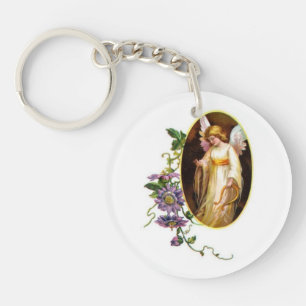 Angel With Harp And Clematis Flowers Key Ring
