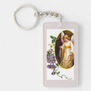 Angel With Harp And Clematis Flowers Key Ring