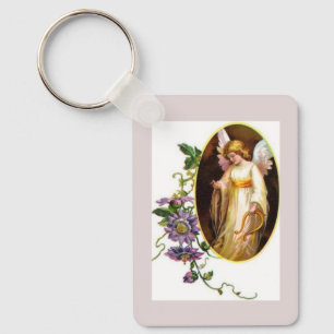 Angel With Harp And Clematis Flowers Key Ring