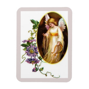 Angel With Harp And Clematis Flowers Magnet