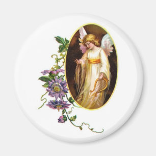 Angel With Harp And Clematis Flowers Magnet