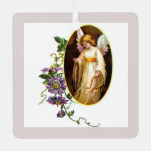 Angel With Harp And Clematis Flowers Metal Tree Decoration
