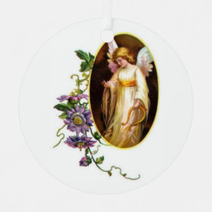 Angel With Harp And Clematis Flowers Metal Tree Decoration