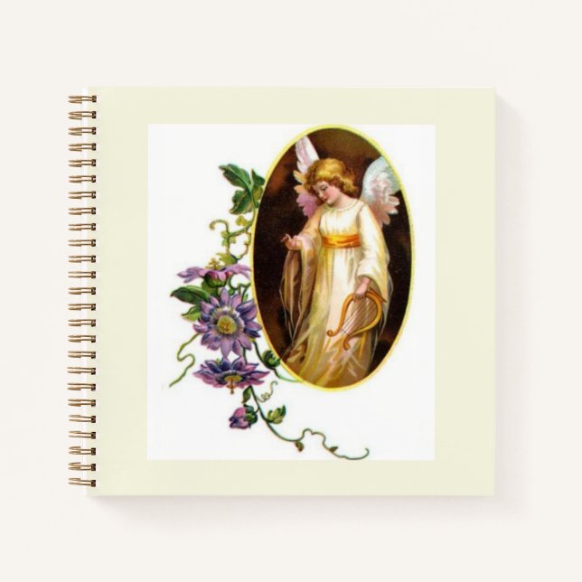 Angel With Harp And Clematis Flowers Notebook (Front)