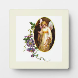 Angel With Harp And Clematis Flowers Plaque