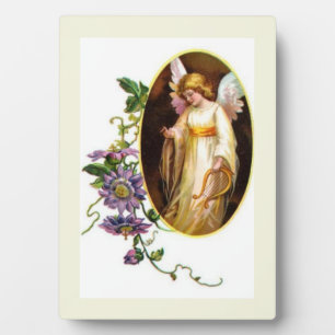 Angel With Harp And Clematis Flowers Plaque