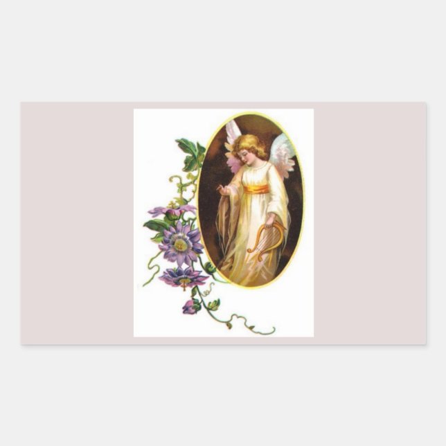 Angel With Harp And Clematis Flowers Rectangular Sticker (Front)