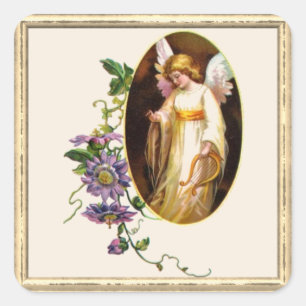 Angel With Harp And Clematis Flowers Square Sticker