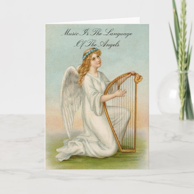 Angel With Harp Birthday Greeting Card (Front)