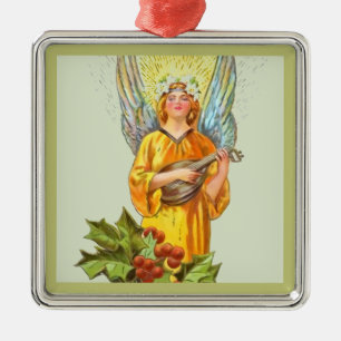 Angel With Holly And Mandolin  Metal Ornament