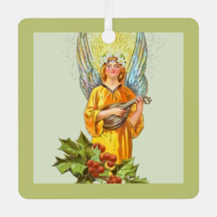 Angel With Holly And Mandolin Metal Tree Decoration