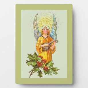 Angel With Holly And Mandolin Plaque