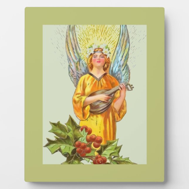 Angel With Holly And Mandolin  Plaque (Front)