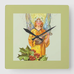Angel With Holly And Mandolin Square Wall Clock