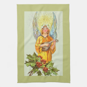 Angel With Holly And Mandolin  Tea Towel