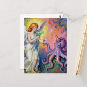 angel with margaritas and octopus unicorn fantasy postcard