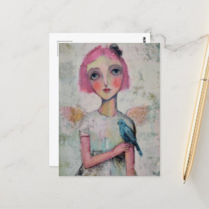 Angel with pink hair and a blue bird postcard