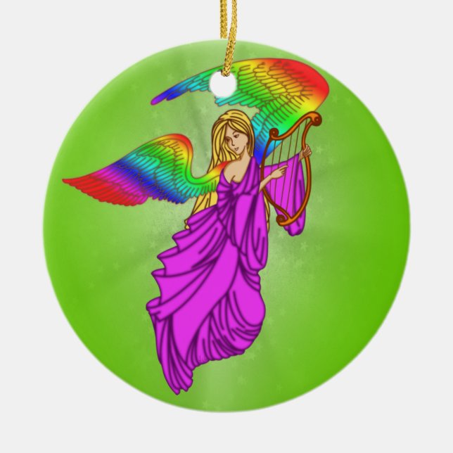 Angel with Rainbow Wings Ceramic Tree Decoration (Front)
