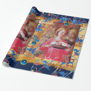 ANGEL WITH ROSES ,BLUE FLORAL CHRISTMAS PARCHMENT WRAPPING PAPER