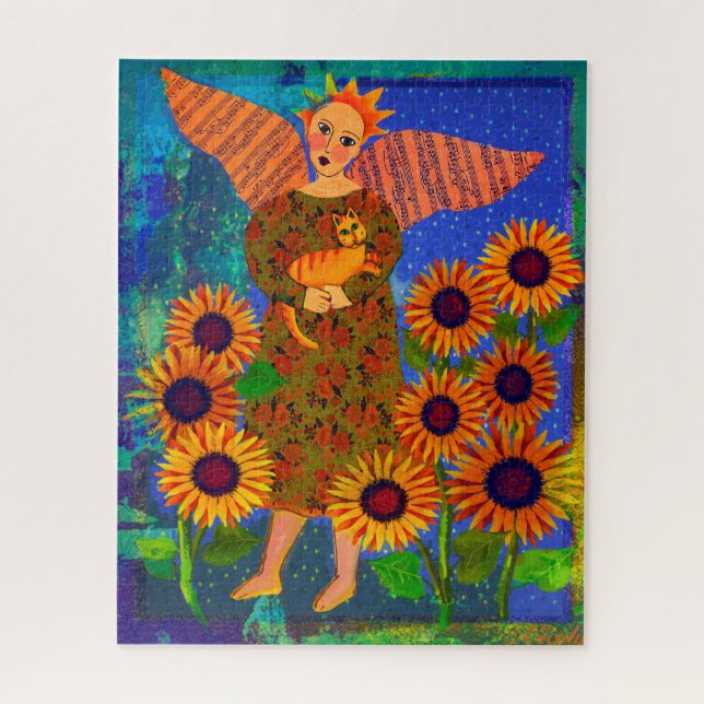 Angel with Sunflowers and Tabby Cat 16x20 Puzzle (Vertical)