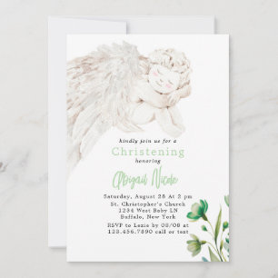 Angel with Wings Green Floral Baptism  Invitation