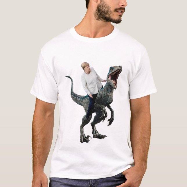 Angela Merkel riding a velociraptor Sticker T-Shirt (Front)