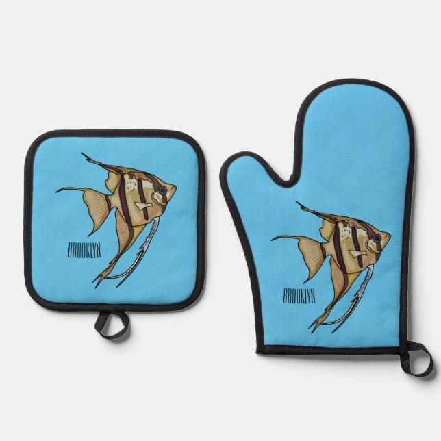 Angelfish cartoon illustration oven mitt & pot holder set (Front)