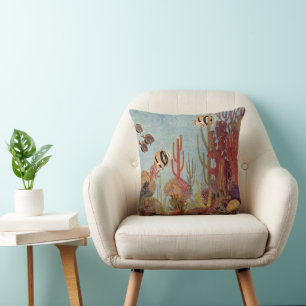 Angelfish in Coral, Vintage Tropical Fish in Ocean Cushion