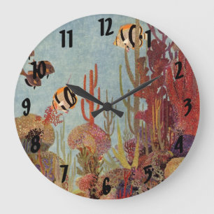 Angelfish in Coral, Vintage Tropical Fish in Ocean Large Clock