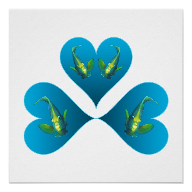 Angelfish Twins - Three Blue Heart Illustration |  Poster (Front)