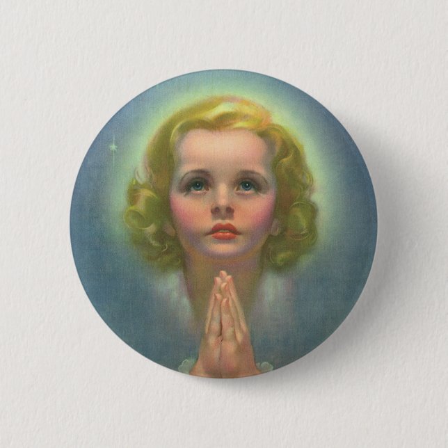 Angelic Blonde Girl with Halo and Stars Praying 6 Cm Round Badge (Front)
