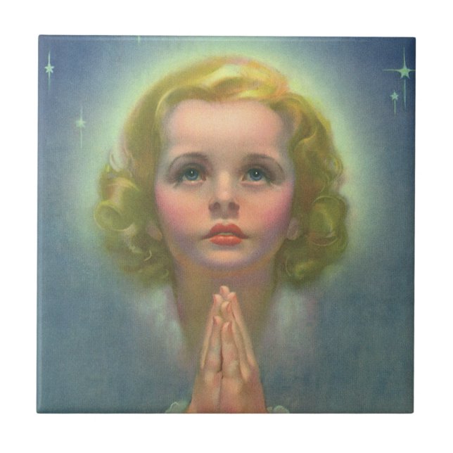 Angelic Blonde Girl with Halo and Stars Praying Ceramic Tile (Front)