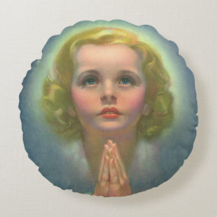 Angelic Blonde Girl with Halo and Stars Praying Round Cushion